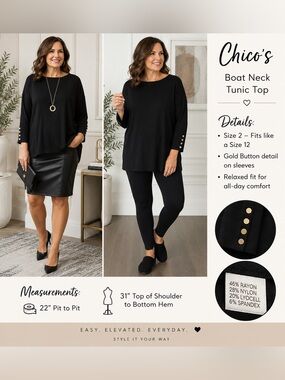 Chico's Black Ponte Knit Boat Neck Tunic with Gold Sleeve Buttons Sz L NWT
